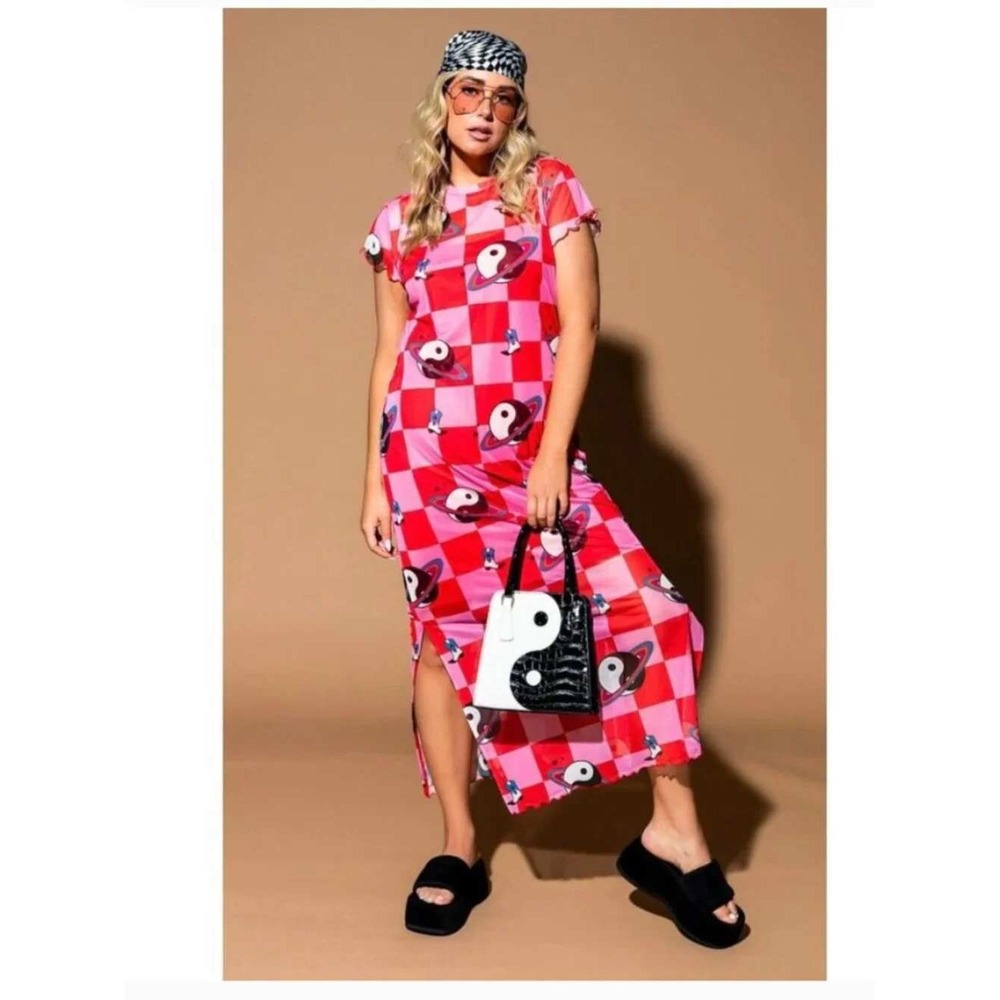 Dressed in Lala Mad About You Mesh Dress S Cosmic Cowgirl Checkerboard Pink Red